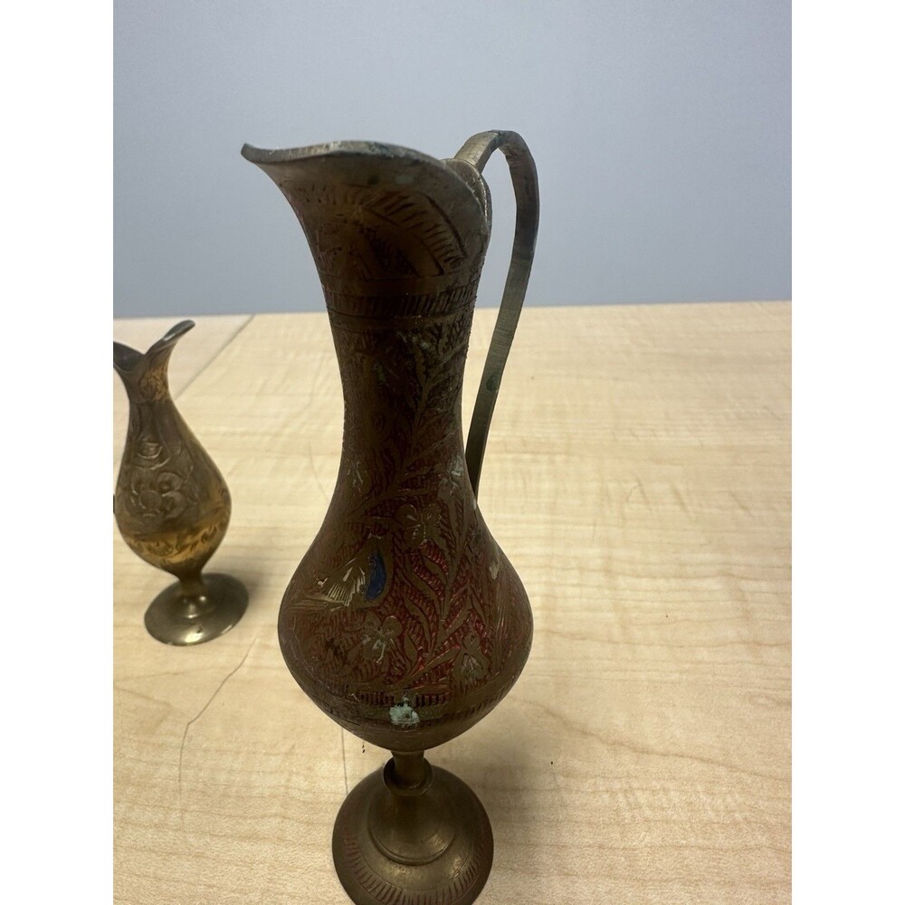 Antique Brass Miniature Ewer Pitcher Pair India Enamel Art Jug Vase Decor - Picture 4 of 5